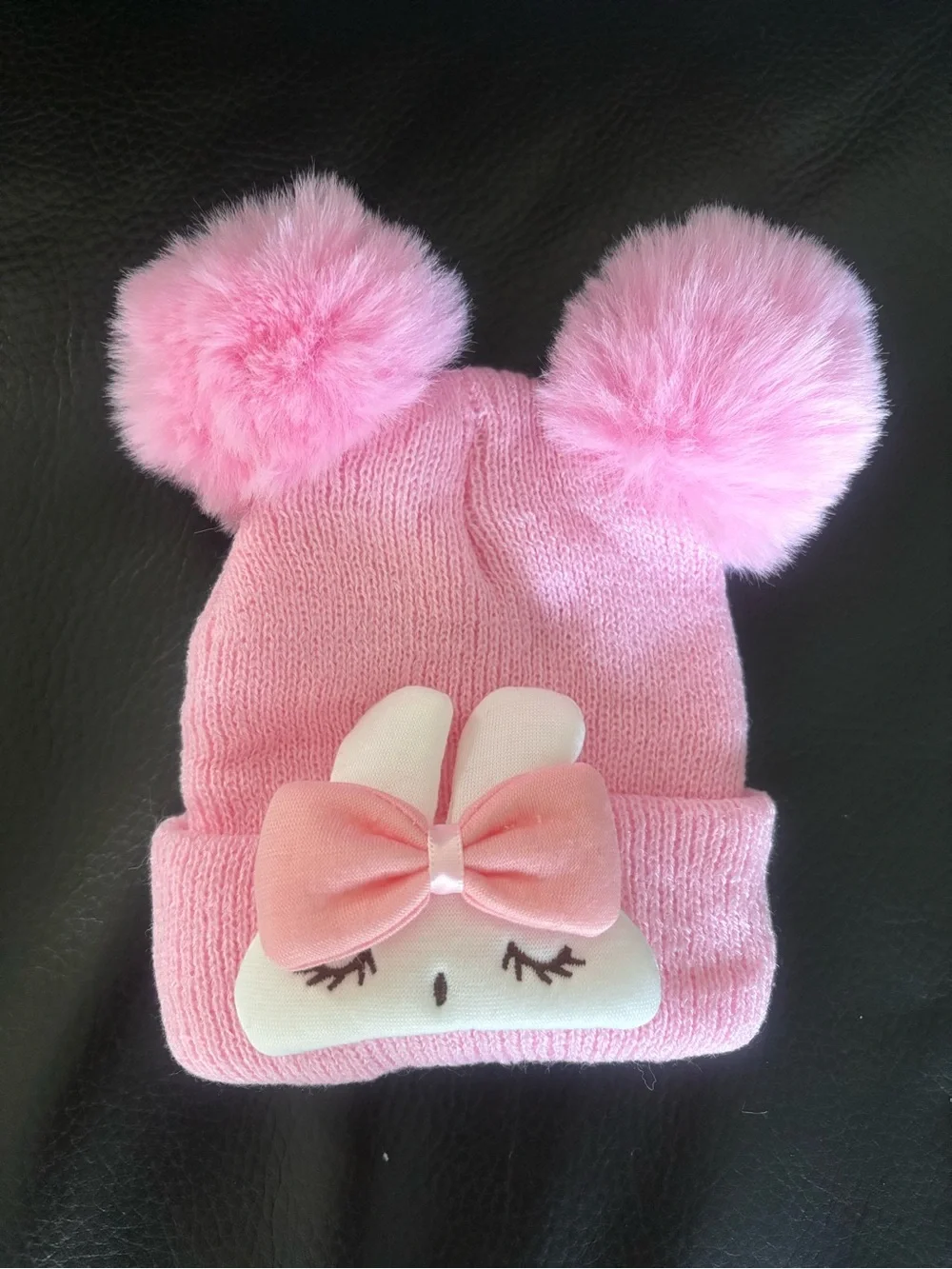Pink Pom-Pom Bunny Knit Beanie Size 0-6 months